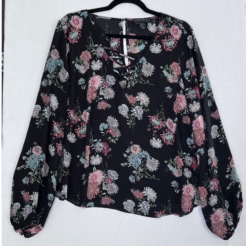Plus Size 2X Black Dark Romantic‎ Floral Print Long Sleeve Peasant Blouse Top